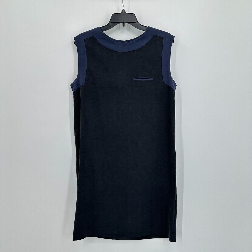 Lacoste Shift Dress Womens M Black Blue Silk‎ Sleeveless Mini Travel Workwear